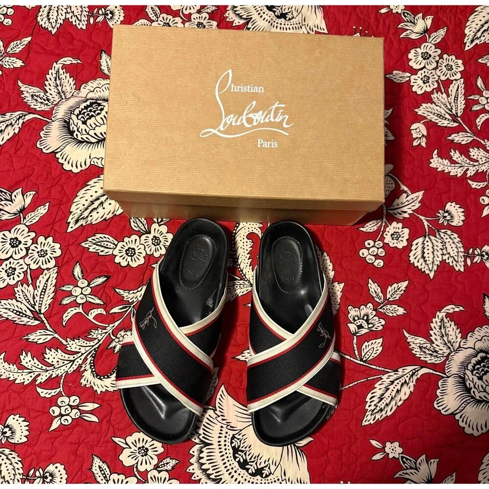 Authentic CHRISTIAN LOUBOUTIN Hot Cross Bizz Donna Web Slides, Size 39(U.S. 8.5)